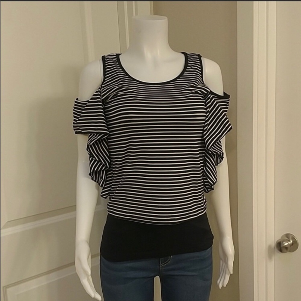 Cold Shoulder Ruffle Striped Tee